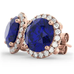 10k Rose Gold Plated 3 Carat Round Created Halo Sapphire Stud Earrings
