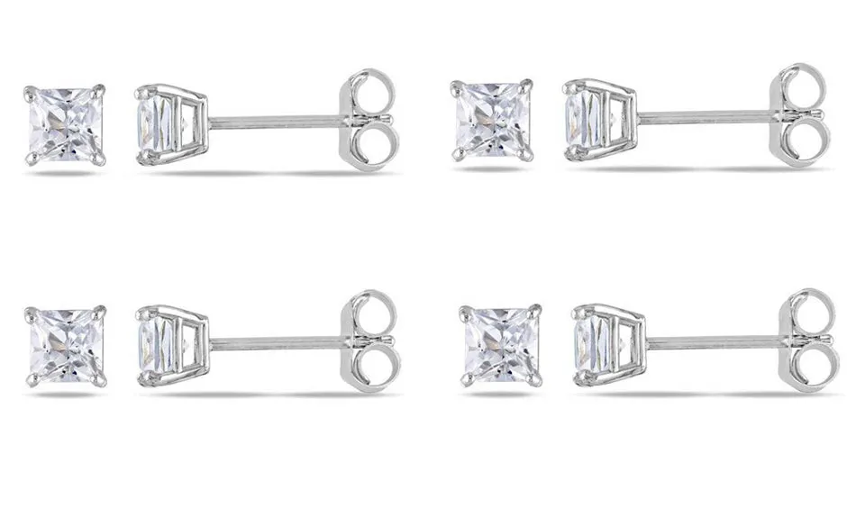 10k White Gold Plated Created White Sapphire 1Ct Square Cut Set of Four Stud Earrings