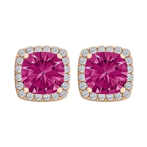 14k Rose Gold Plated 4 Carat Square Created Halo Sapphire Stud Earrings