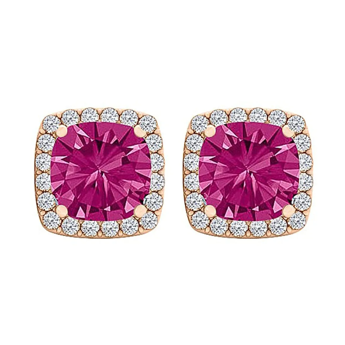 14k Rose Gold Plated 4 Carat Square Created Halo Sapphire Stud Earrings