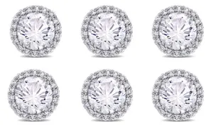 14k White Gold Plated 4mm 1/2Ct Round White Sapphire Set Of Three Halo Stud Earrings