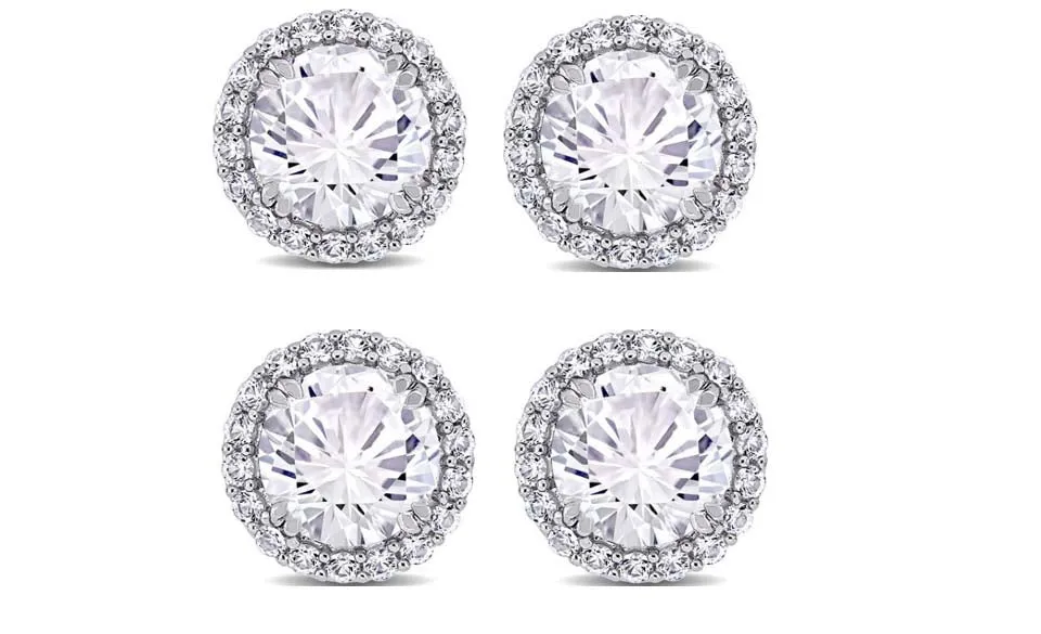 14k White Gold Plated 4mm 1Ct Round White Sapphire Set Of Two Halo Stud Earrings