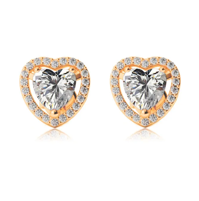 14k Yellow Gold Plated 1 Ct Created Halo Heart White Sapphire Stud Earrings
