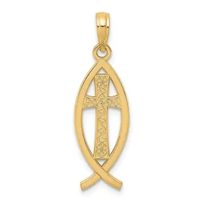 14K Yellow Gold Polished Finish Ichthus Fish Cross Design Pendant