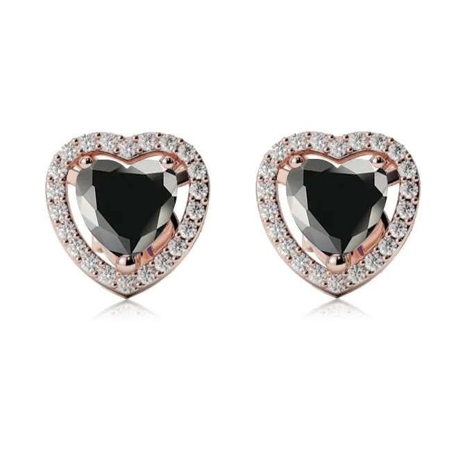 18k Rose Gold Plated 1/2 Ct Created Halo Heart Black Sapphire Stud Earrings