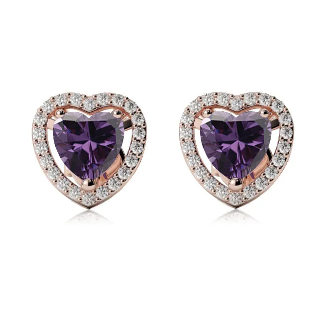 18k Rose Gold Plated 3 Ct Created Halo Heart Amethyst Stud Earrings
