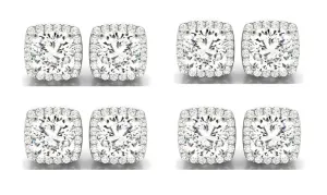 18k White Gold 2Ct Cushion Cut White Sapphire Set Of Four Halo Stud Earrings Plated