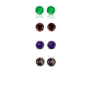 18k White Gold Plated 1Ct Created Emerald, Garnet, Amethyst and Mystic Topaz 4 Pair Round Stud Earrings