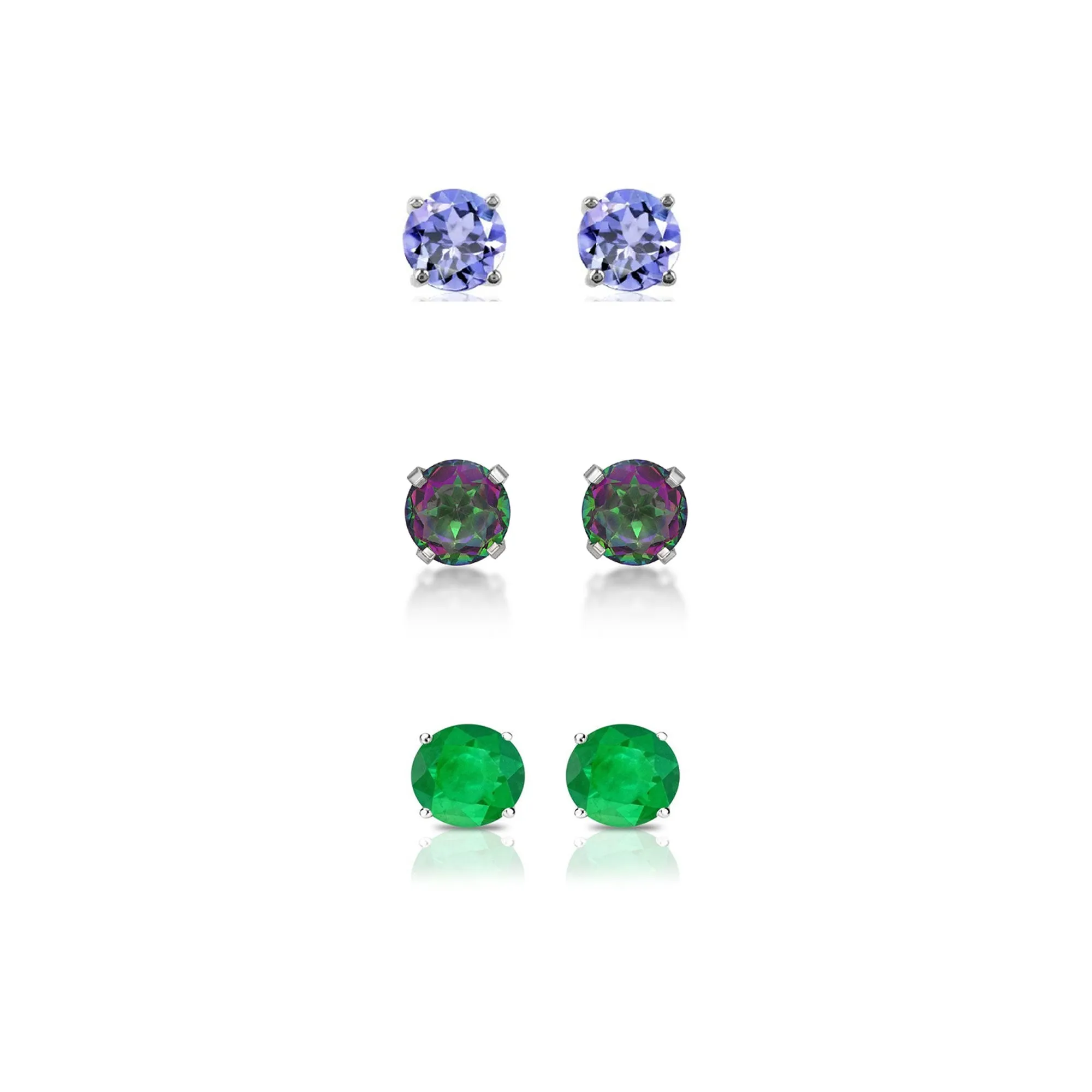 18k White Gold Plated 3Ct Created Tanzanite, Mystic Topaz and Emerald 3 Pair Round Stud Earrings