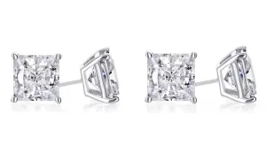 18k White Gold Plated 4mm 4Ct Princess Cut White Sapphire Set Of Two Stud Earrings