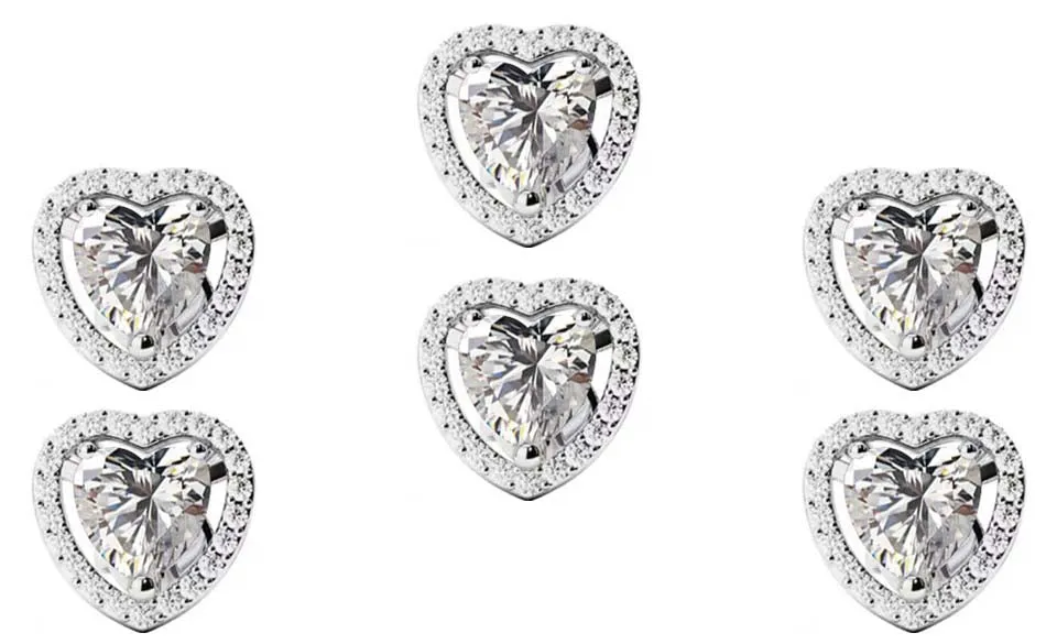 18k White Gold Plated 6mm 1Ct Heart White Sapphire Set of Three Halo Stud Earrings