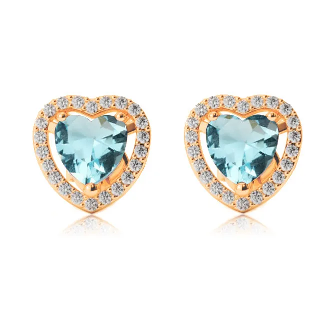 18k Yellow Gold Plated 1/2 Ct Created Halo Heart Aquamarine Stud Earrings