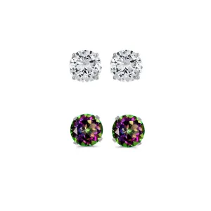 24k White Gold Plated 2Ct Created White Sapphire and Mystic Topaz 2 Pair Round Stud Earrings