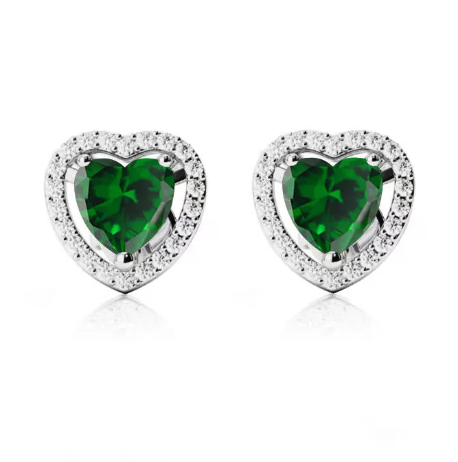 24k White Gold Plated 3 Ct Created Halo Heart Emerald Stud Earrings