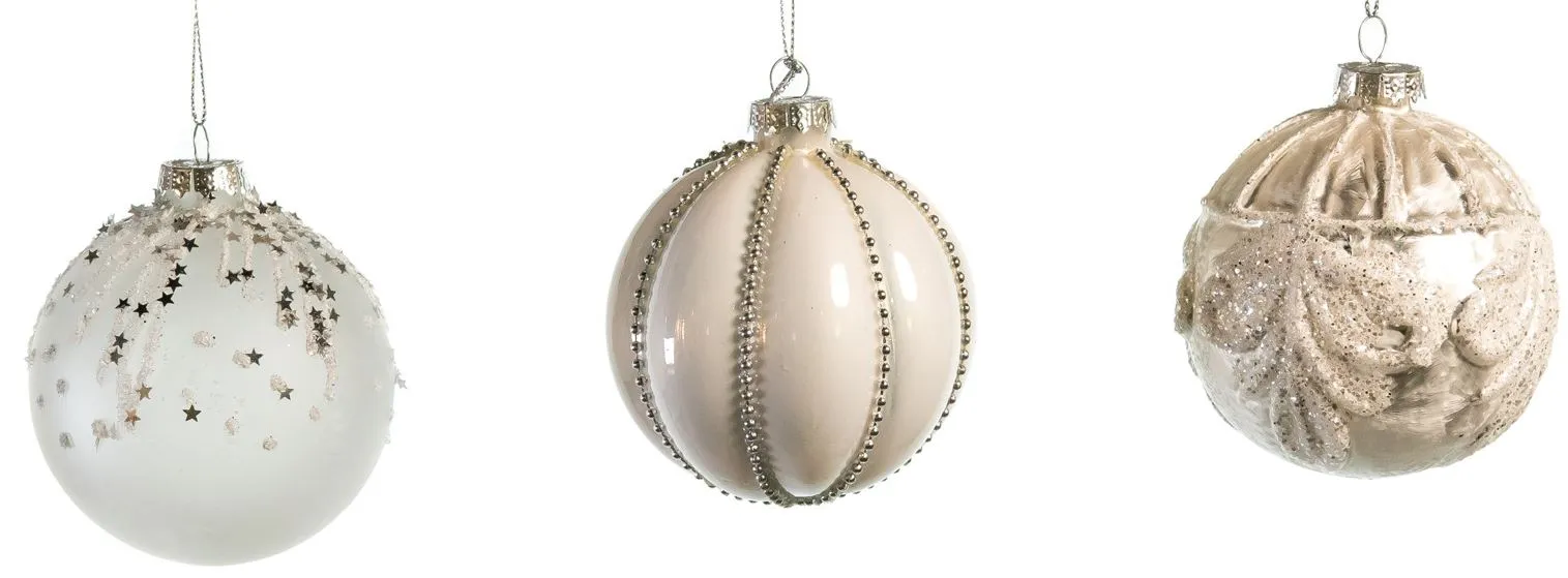 3" Cream Decorative Assorted Glass Ornamentl Set Of 12