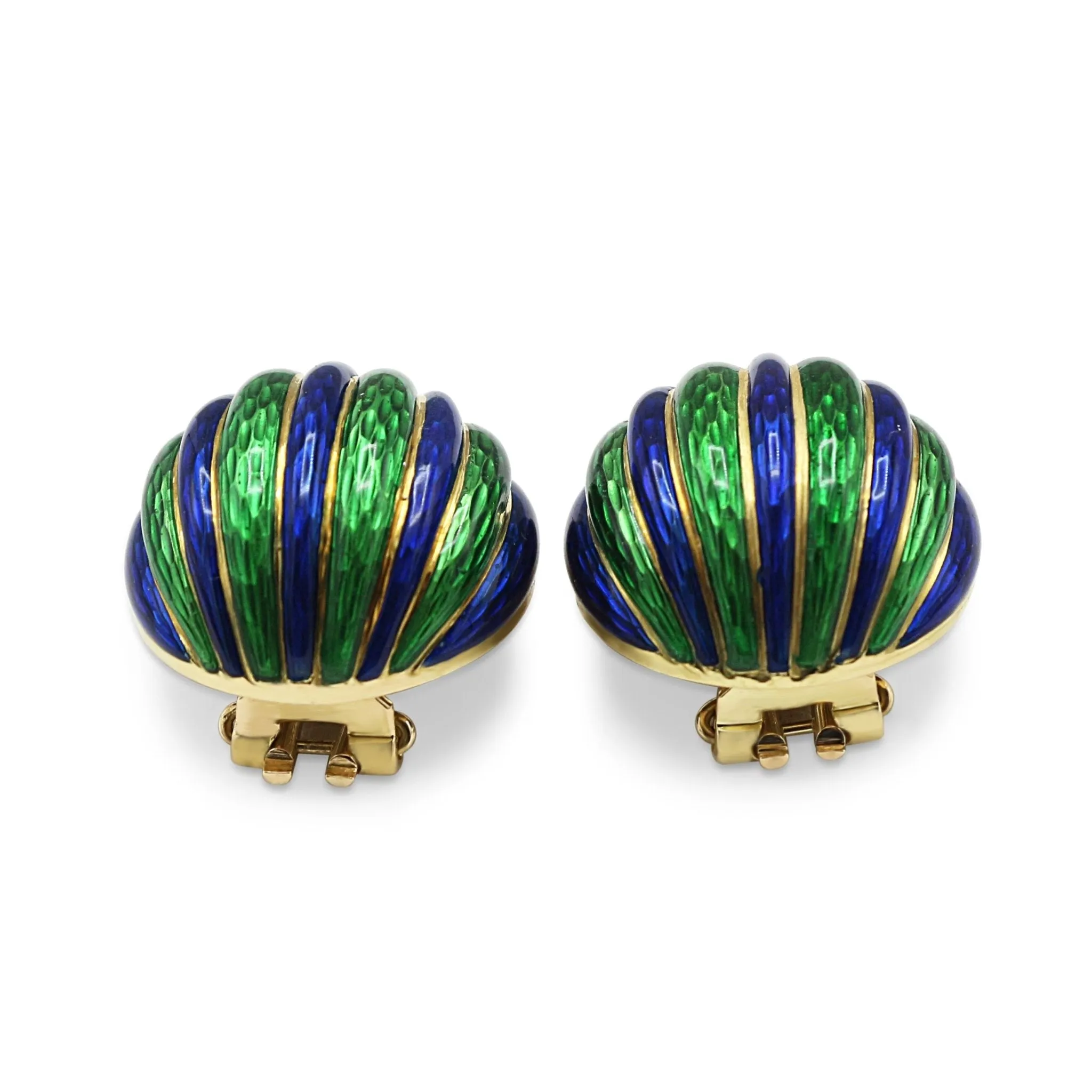 A Pair Of Blue & Green Enamel 18ct Yellow Gold Earclips