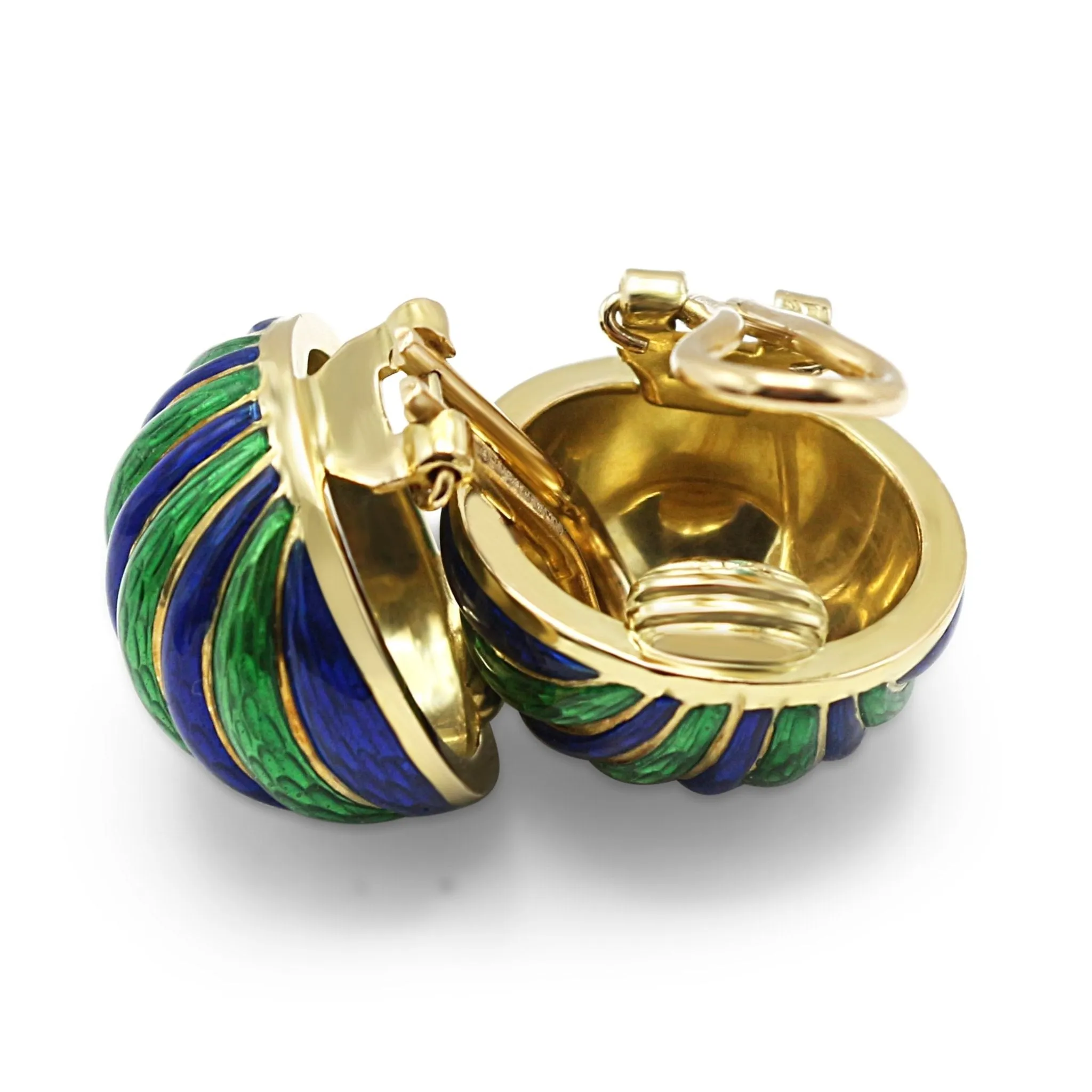 A Pair Of Blue & Green Enamel 18ct Yellow Gold Earclips