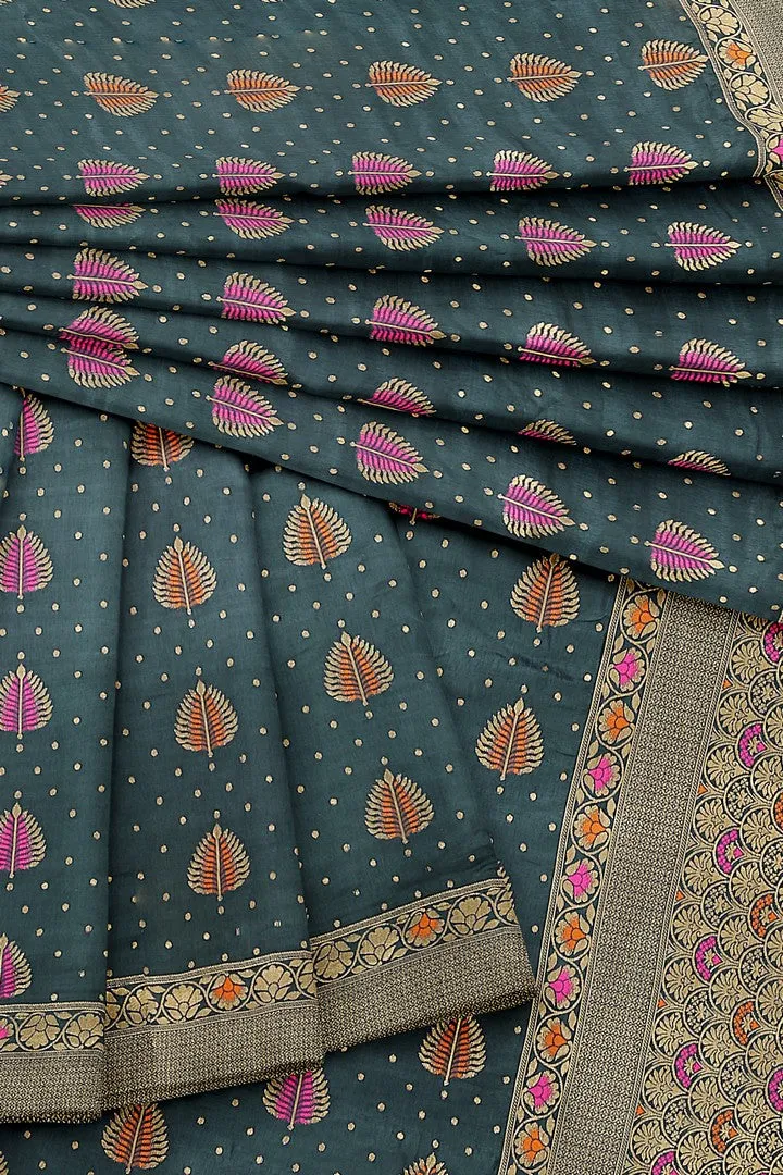 Beautiful Banarasi silk saree with multicolor meena work.