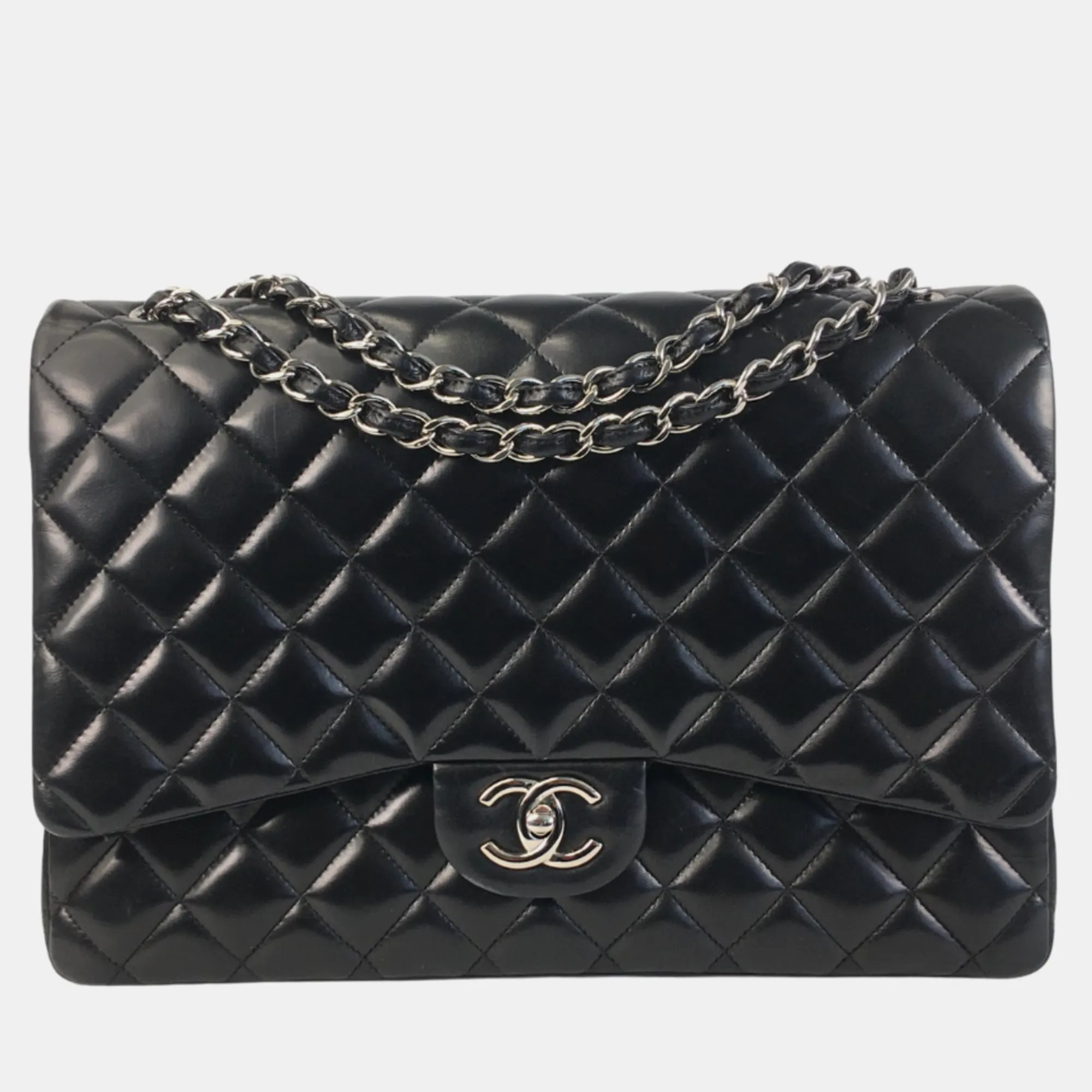 Black Lambskin Leather Jumbo Classic Double Flap Shoulder Bag