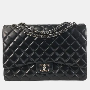 Black Lambskin Leather Jumbo Classic Double Flap Shoulder Bag
