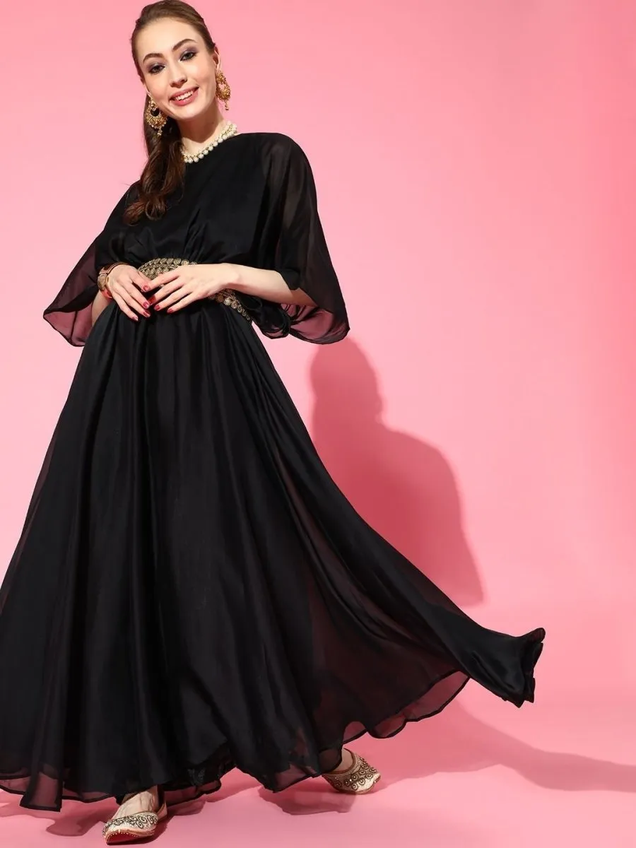 Black Solid Pleated Party Gown with Embroidered Belt