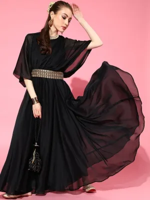 Black Solid Pleated Party Gown with Embroidered Belt