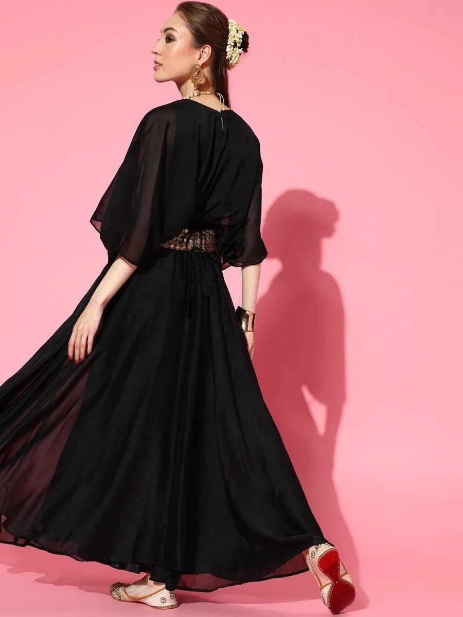 Black Solid Pleated Party Gown with Embroidered Belt