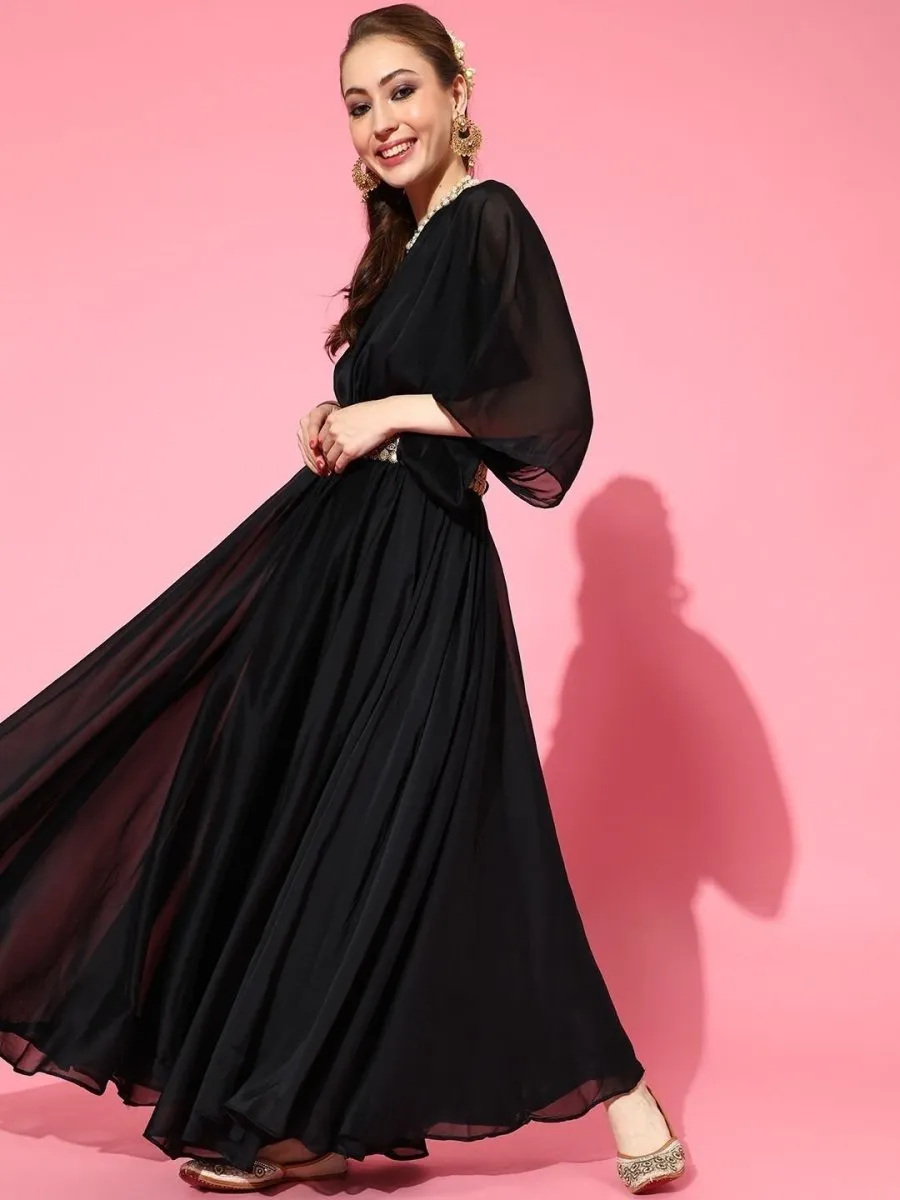 Black Solid Pleated Party Gown with Embroidered Belt
