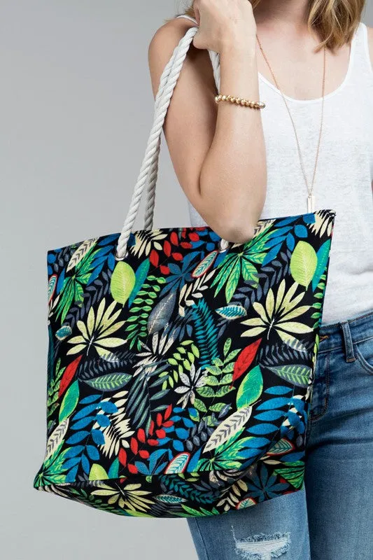 Black Tropical Leaves Print Shoulder Bag