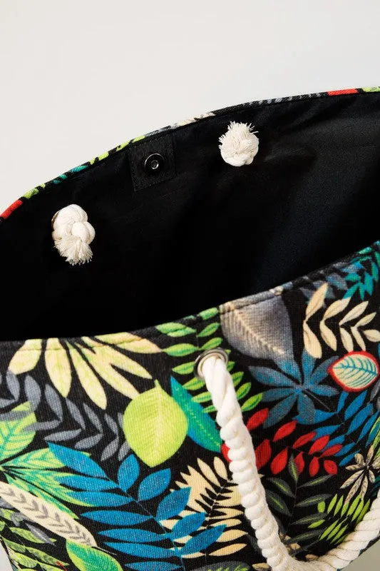 Black Tropical Leaves Print Shoulder Bag