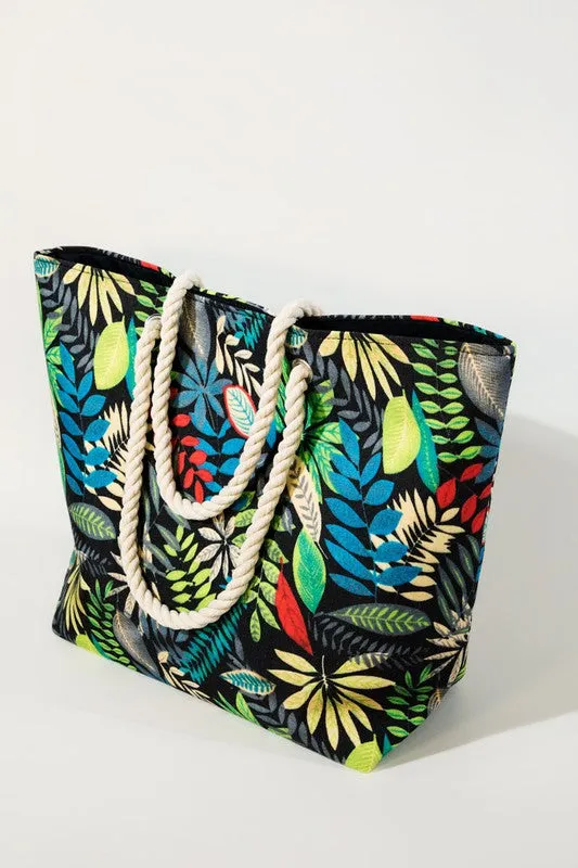 Black Tropical Leaves Print Shoulder Bag