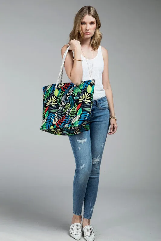 Black Tropical Leaves Print Shoulder Bag