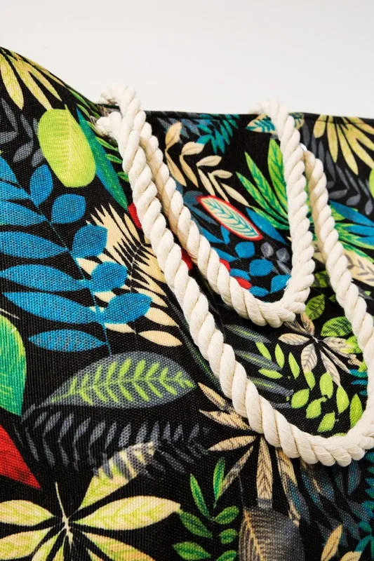 Black Tropical Leaves Print Shoulder Bag