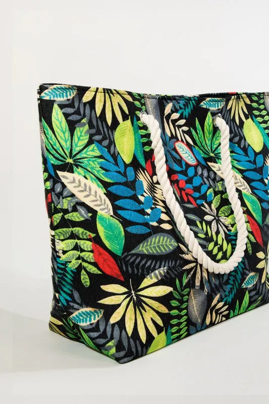 Black Tropical Leaves Print Shoulder Bag