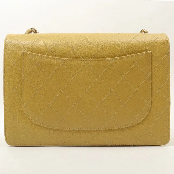 Chanel Around 1998 Made Soft Caviar Skin Classic Flap Chain Bag Lime Yellow/ Silver