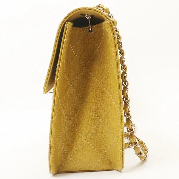 Chanel Around 1998 Made Soft Caviar Skin Classic Flap Chain Bag Lime Yellow/ Silver