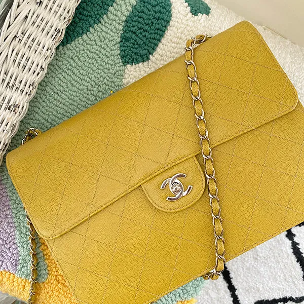 Chanel Around 1998 Made Soft Caviar Skin Classic Flap Chain Bag Lime Yellow/ Silver