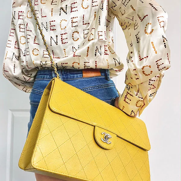 Chanel Around 1998 Made Soft Caviar Skin Classic Flap Chain Bag Lime Yellow/ Silver