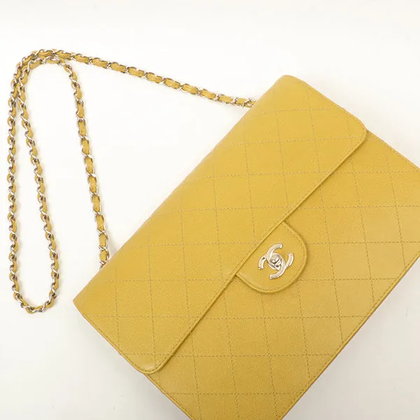 Chanel Around 1998 Made Soft Caviar Skin Classic Flap Chain Bag Lime Yellow/ Silver