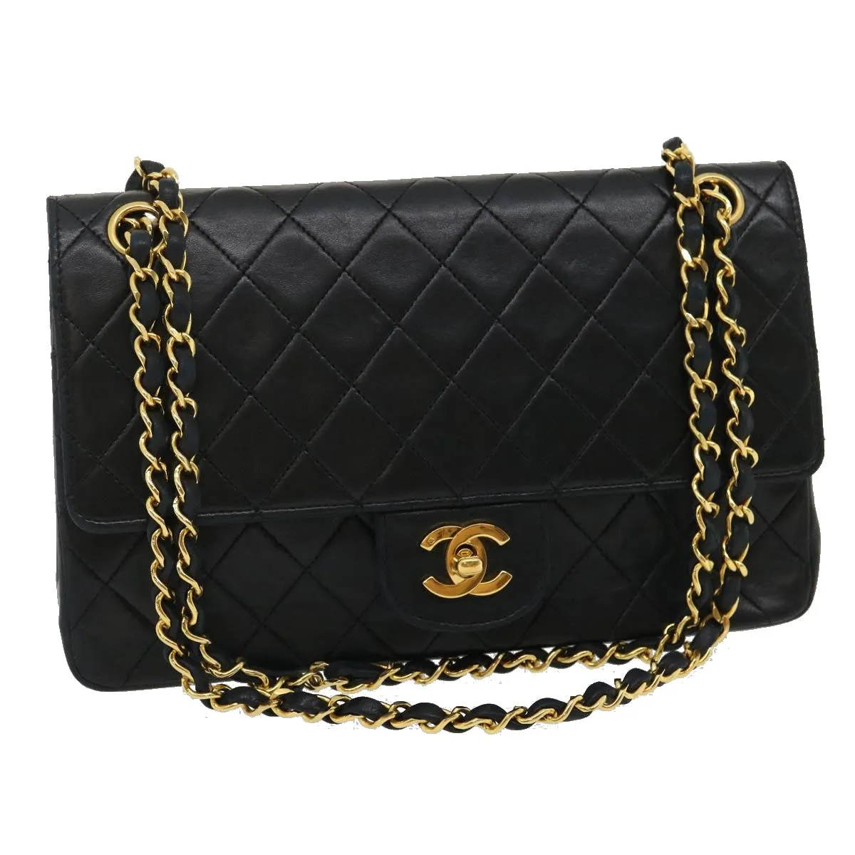 CHANEL Classic Matelasse 25 Chain Flap Shoulder Bag Lamb Skin Black Auth lt449A