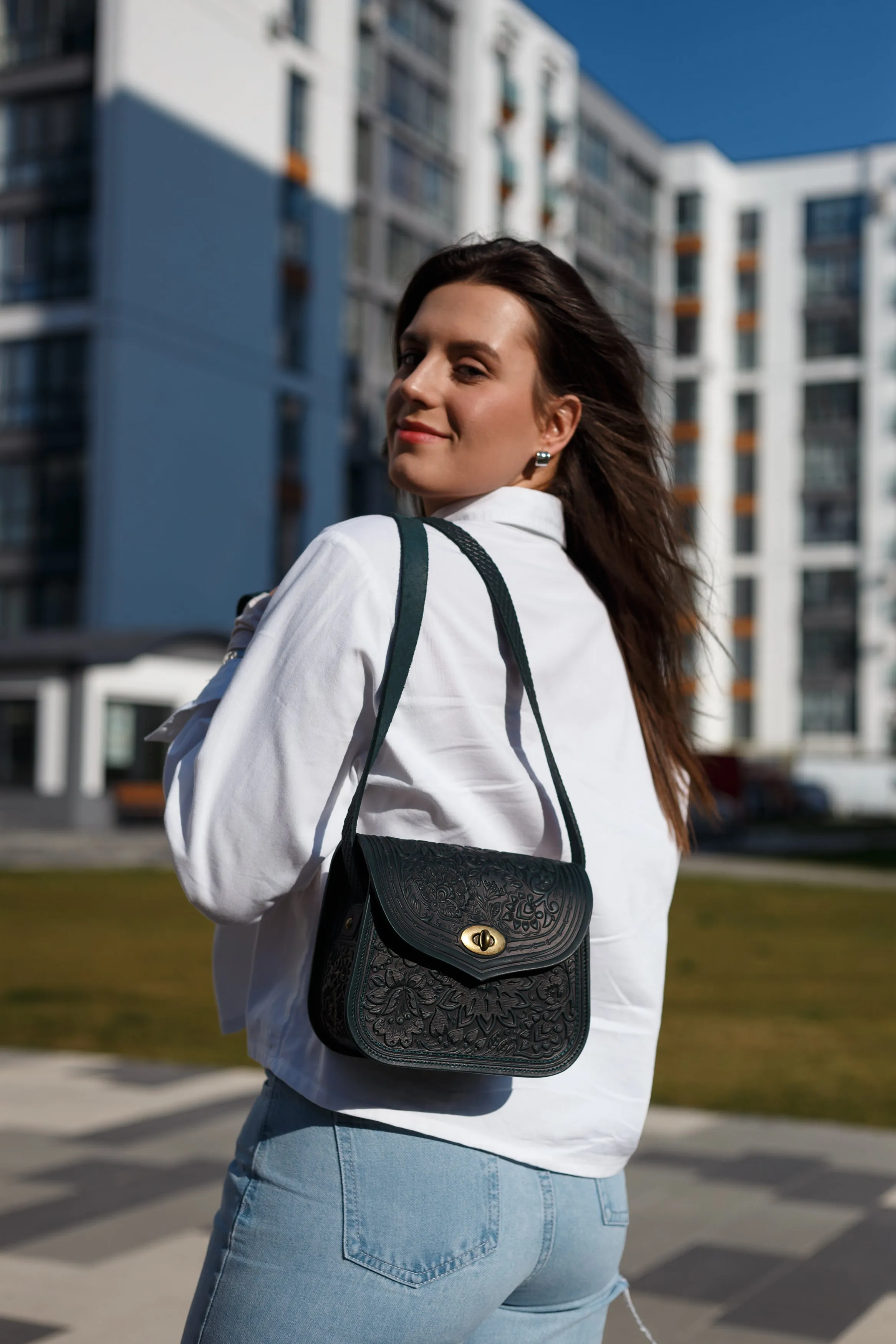 Dark green women's backpack bag