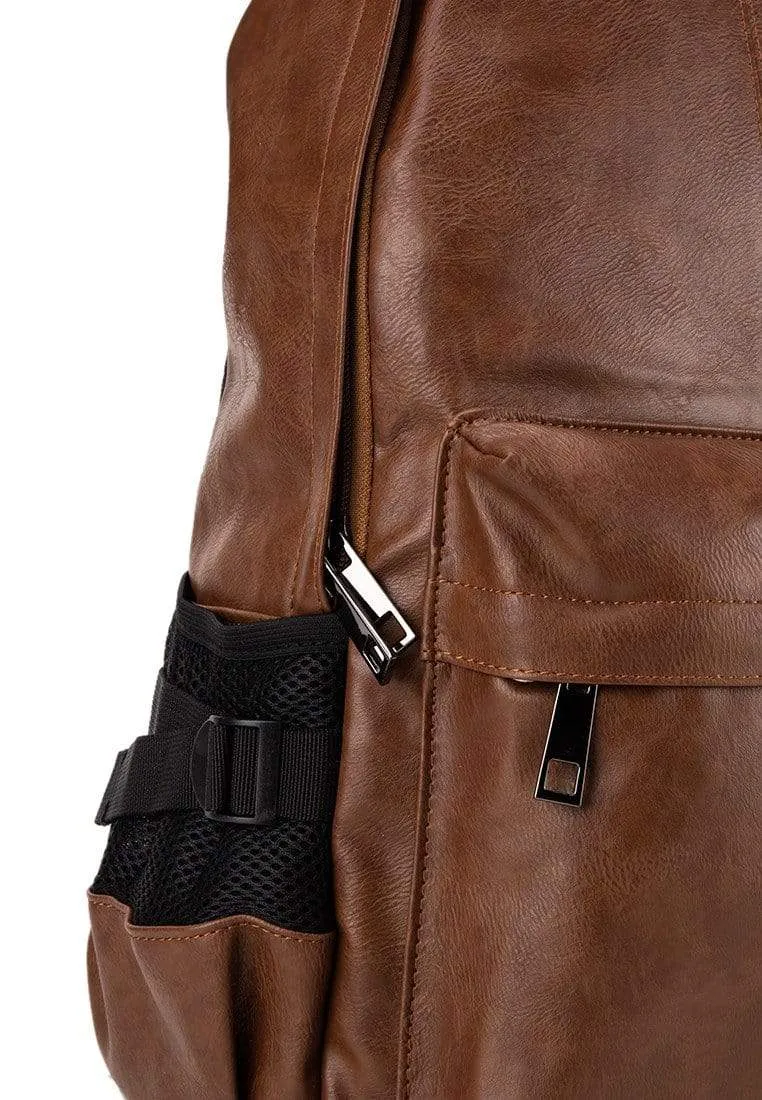 Distressed Leather Mesh Backpack - Camel