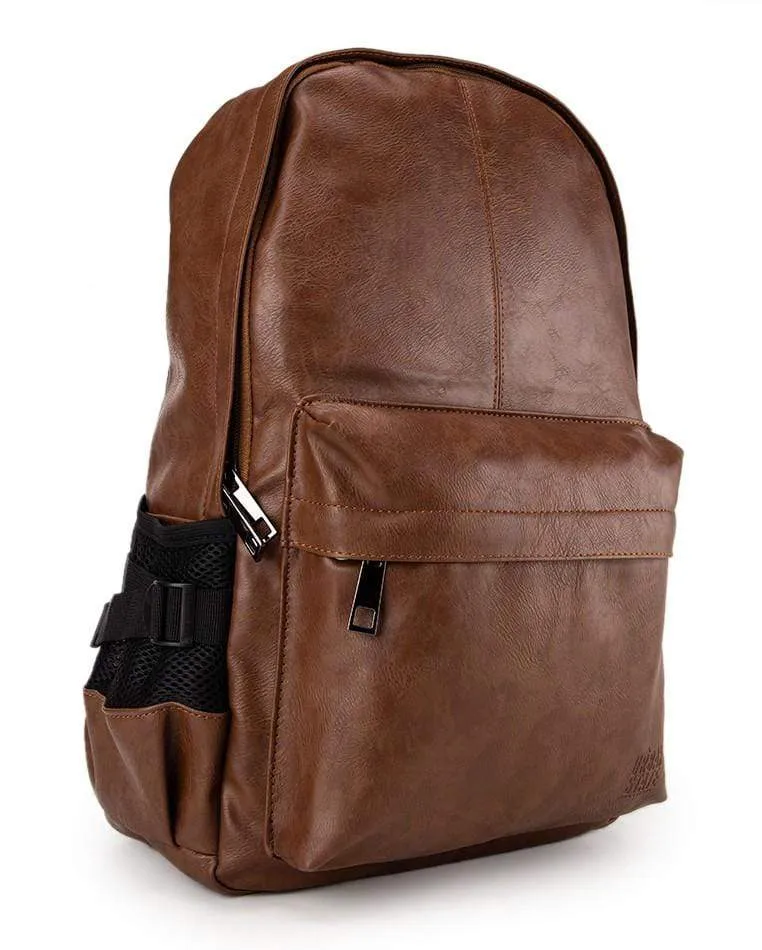 Distressed Leather Mesh Backpack - Camel