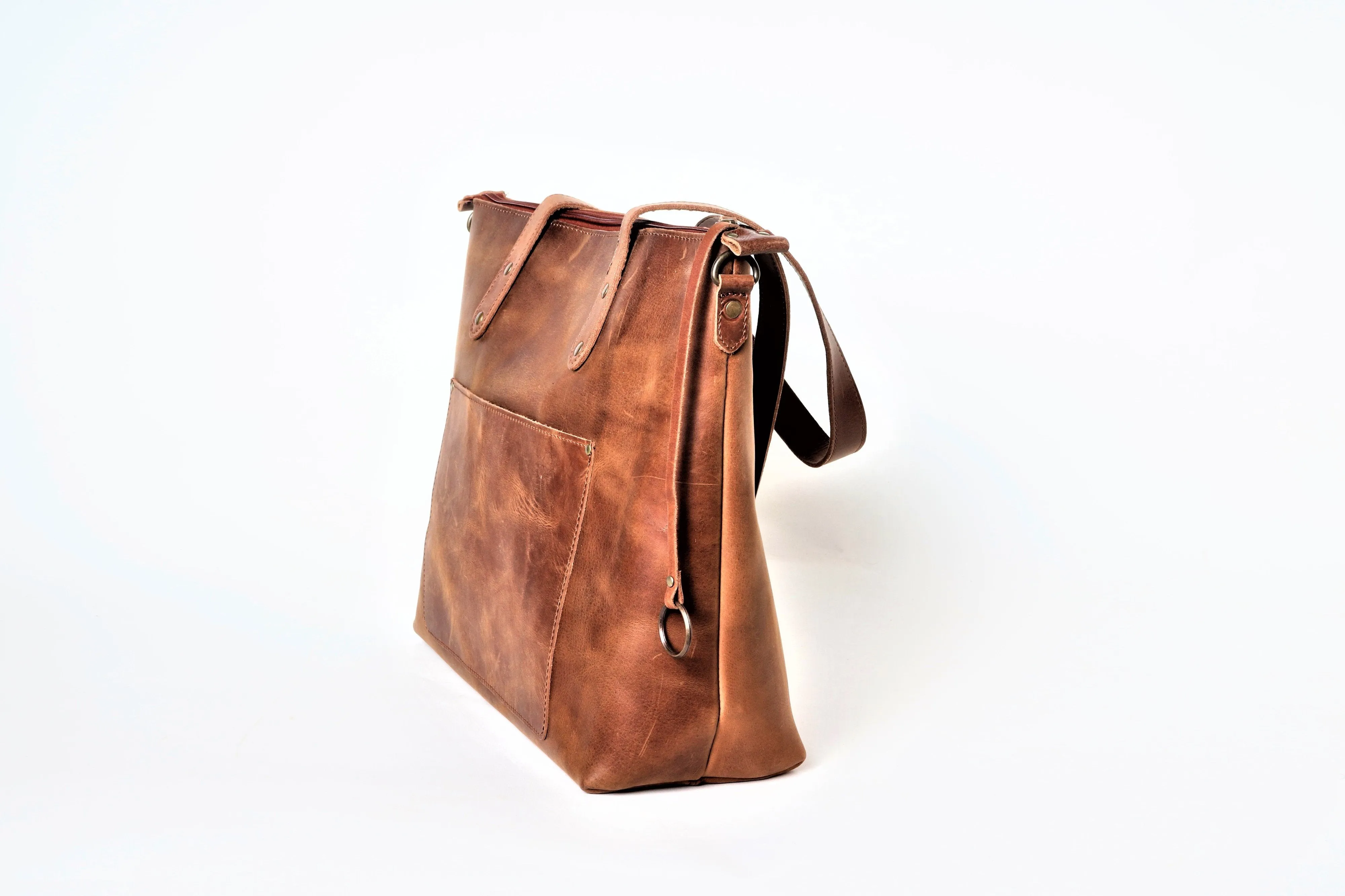 Distressed leather Tote Handbag - zipper