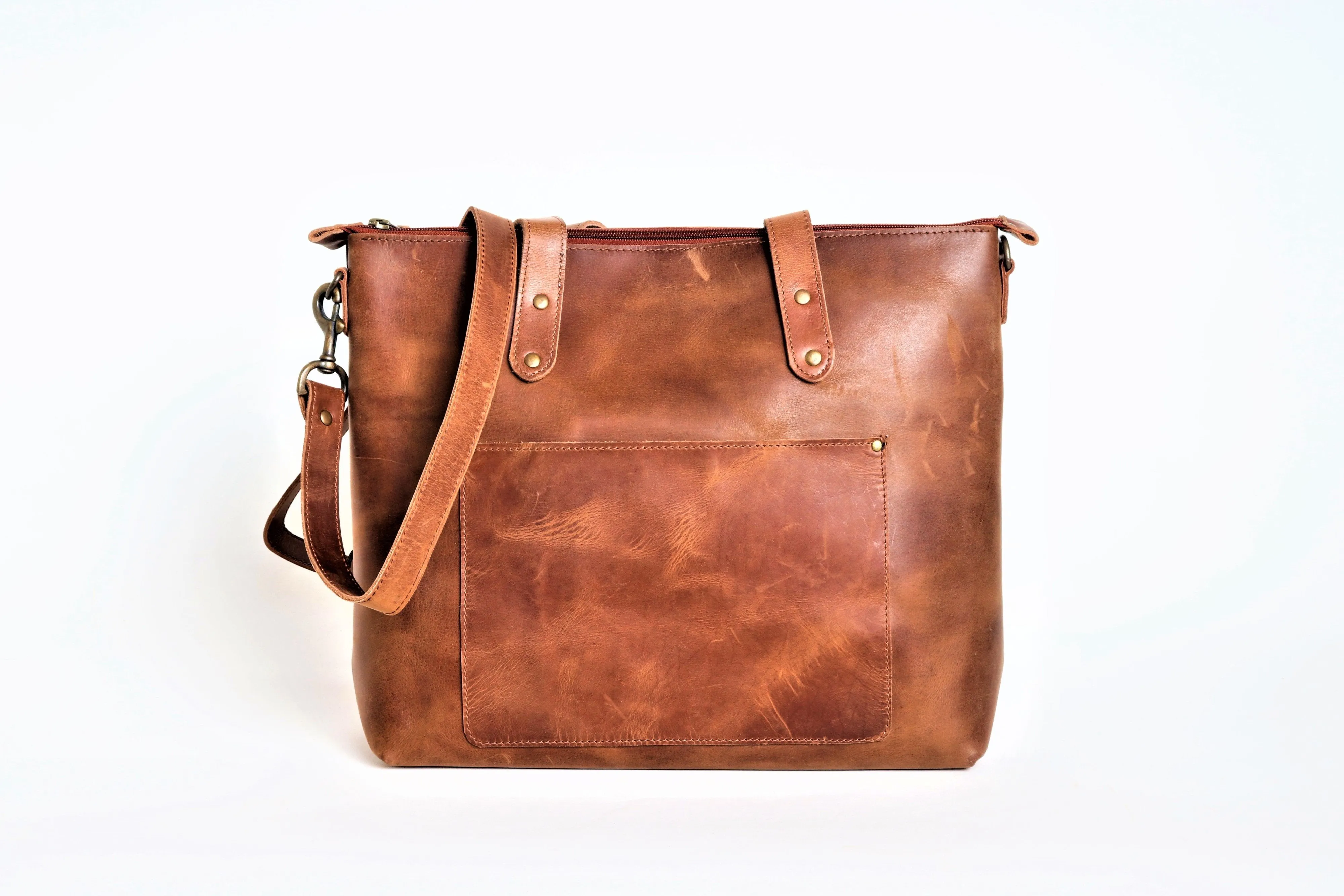 Distressed leather Tote Handbag - zipper