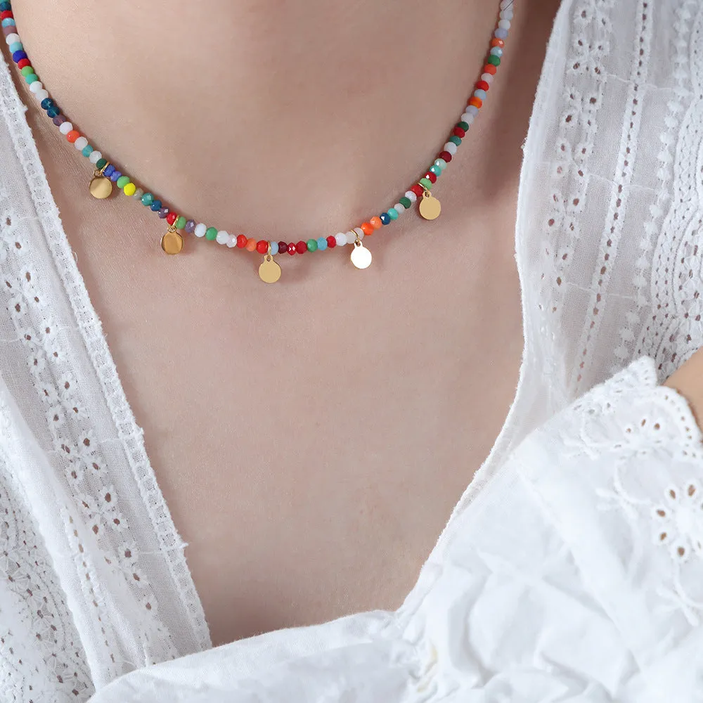 Elegant Titanium Steel Pendant Necklace with Glass Rice Beads