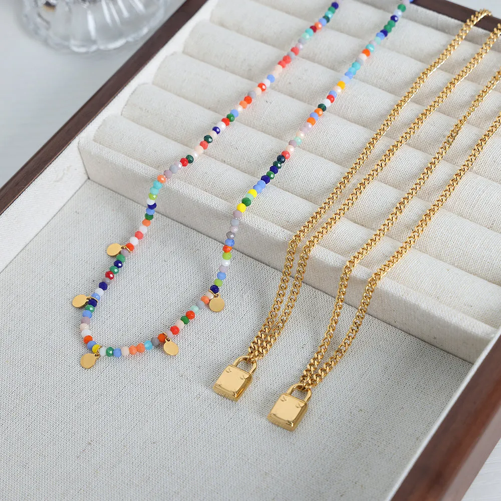 Elegant Titanium Steel Pendant Necklace with Glass Rice Beads