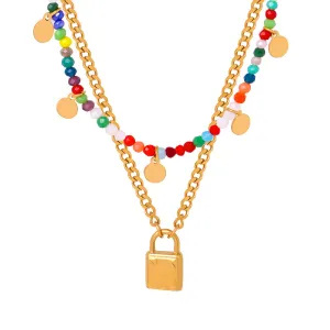 Elegant Titanium Steel Pendant Necklace with Glass Rice Beads