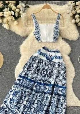 Elegantly Fab Blue Print Maxi Skirt Set