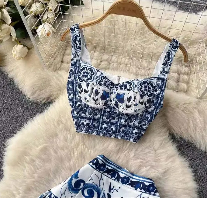 Elegantly Fab Blue Print Maxi Skirt Set